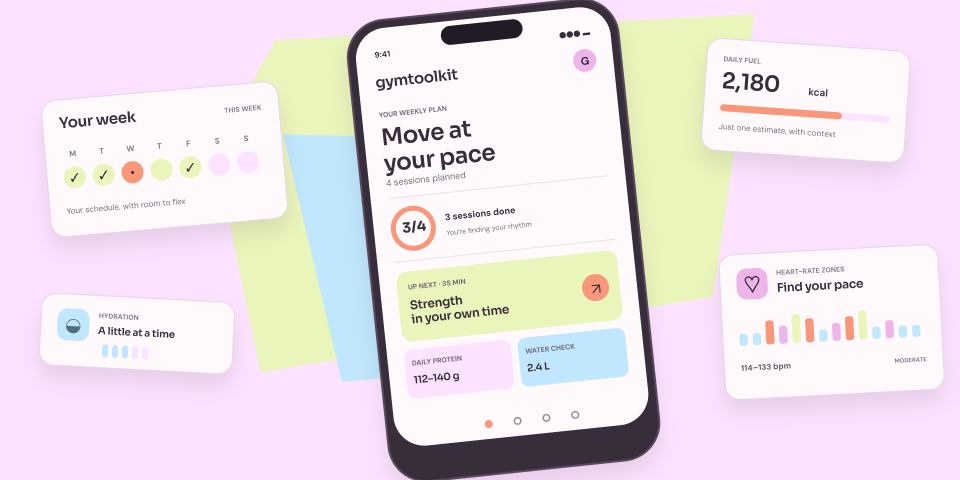 GymtoolKit app showing a weekly plan, daily calories, hydration and heart-rate zones